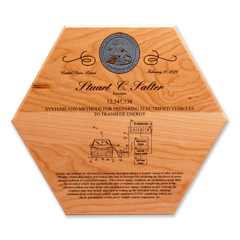 Cherry hexagon patent recognition plaque with silver foil USPTO seal
