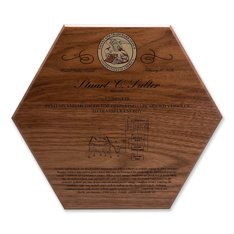Walnut hexagon patent recognition plaque with gold foil USPTO seal and engraved patent layout