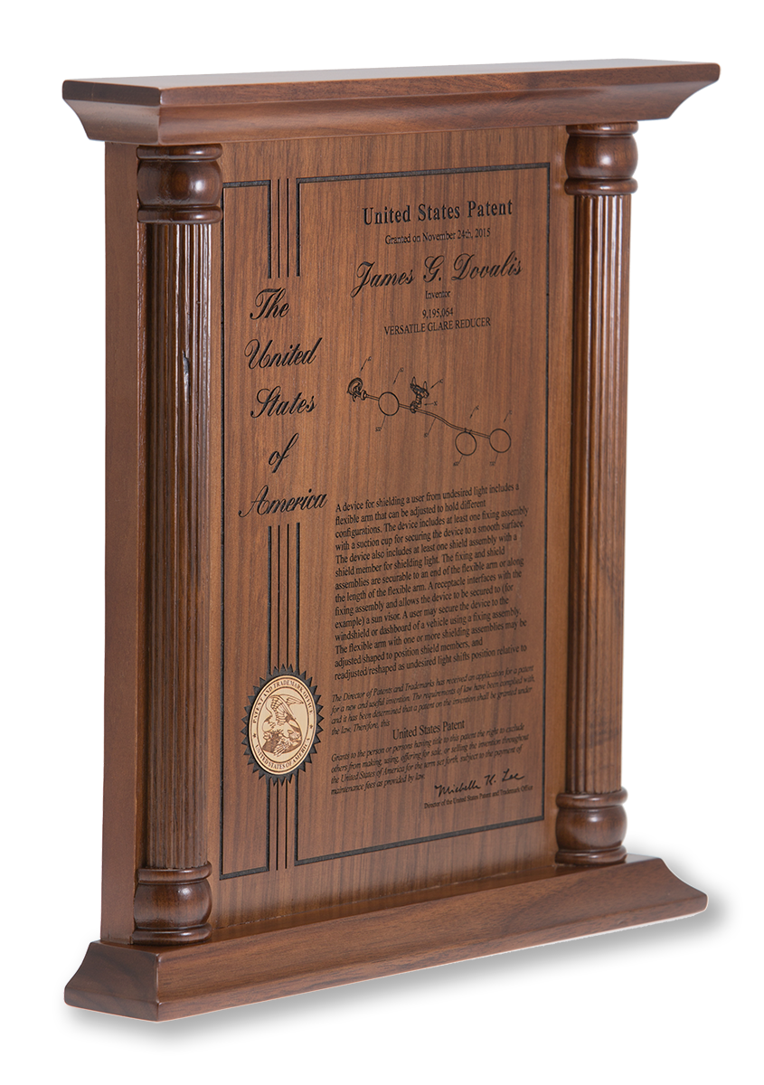 Pillar Series Patent Plaque Solid Walnut Laser Engraved Side View