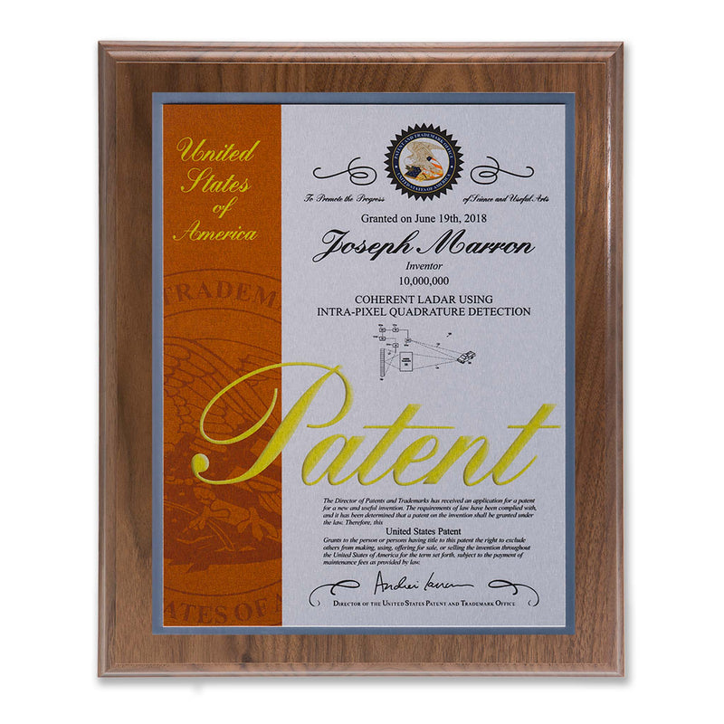 New Era Series walnut patent plaque with silver metal plate, wall-mounted display