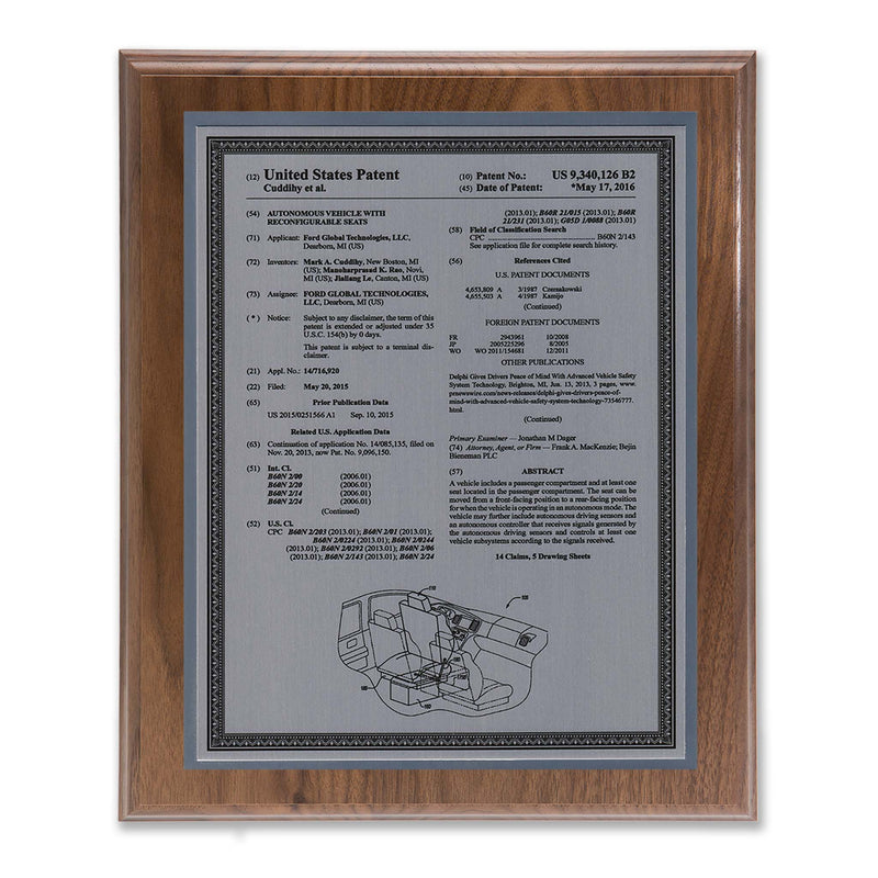 Allegiant Series walnut patent plaque with silver metal plate