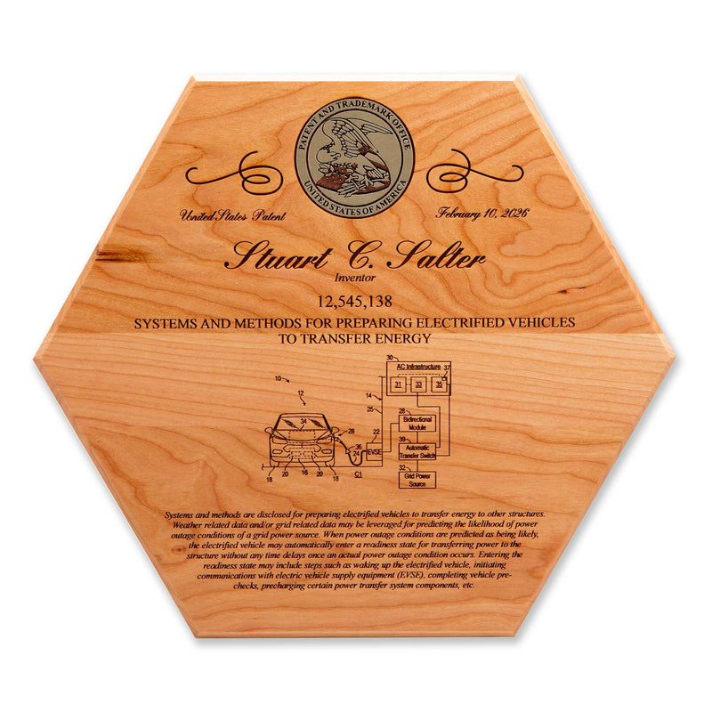 Cherry hexagon patent plaque with gold foil USPTO seal and engraved patent information