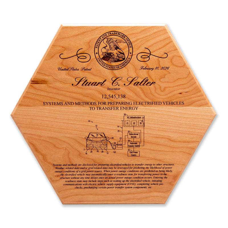 Cherry hexagon patent plaque with engraved USPTO seal and detailed patent drawing