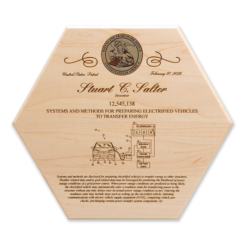 Maple hexagon patent plaque with gold foil USPTO seal and engraved patent details