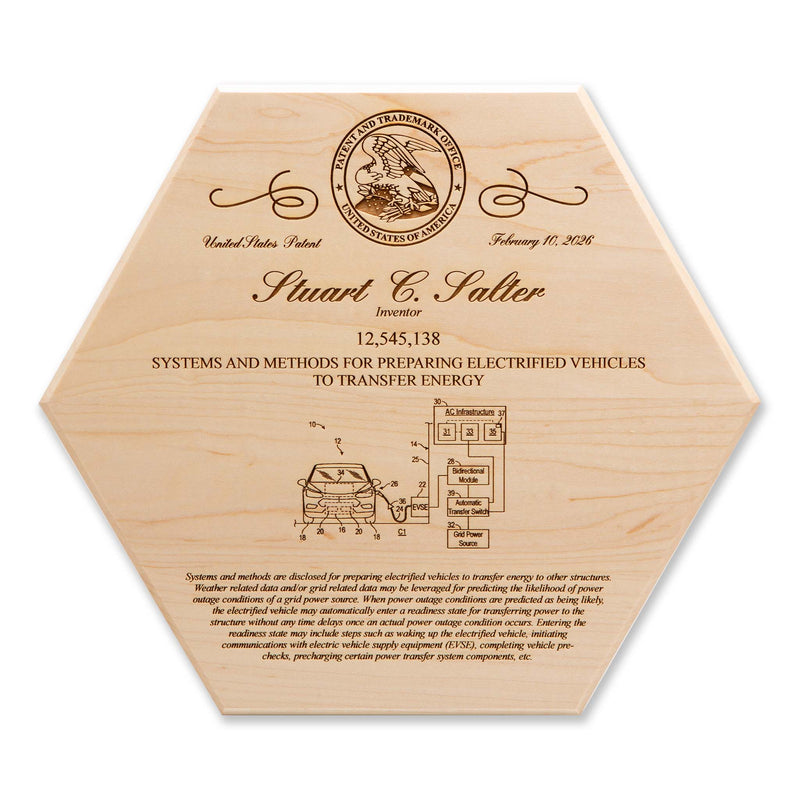 Maple hexagon patent recognition plaque with laser engraved USPTO seal and patent drawing