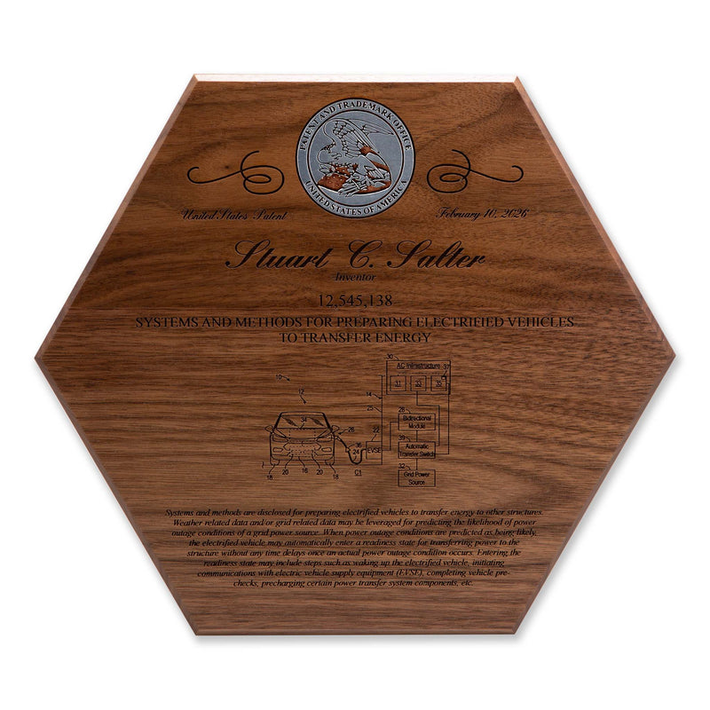 Walnut hexagon patent plaque with silver foil USPTO seal and engraved patent details