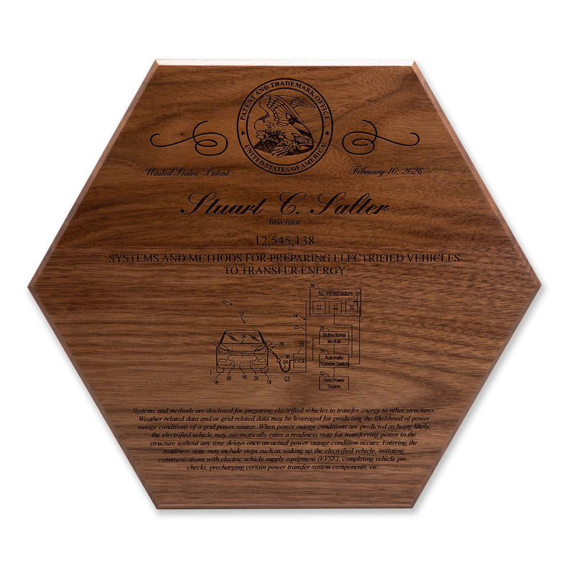 Walnut hexagon patent recognition plaque with laser engraved USPTO seal and patent drawing