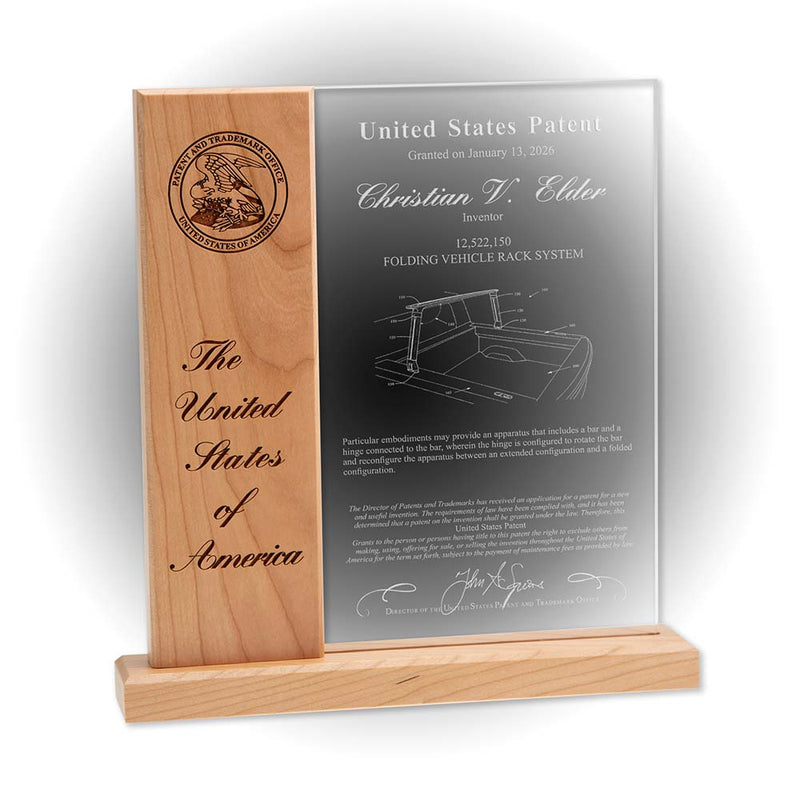 Ascendant Series cherry wood patent display with acrylic panel and laser engraved USPTO seal