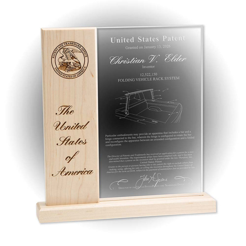 Ascendant Series maple wood patent display with acrylic panel and laser engraved USPTO seal