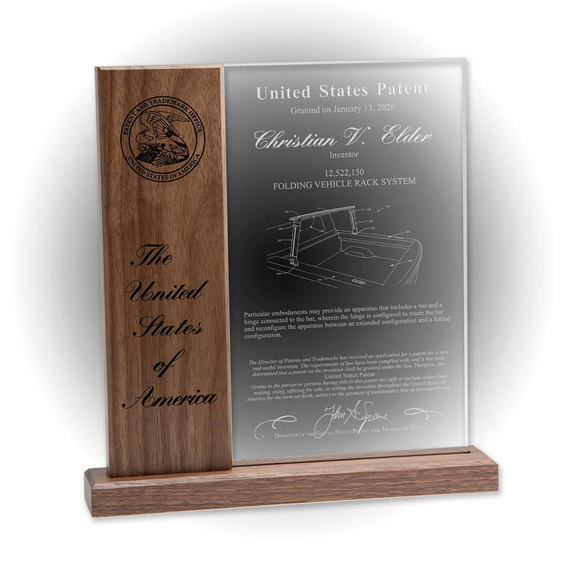Ascendant Series walnut wood patent display with acrylic panel and laser engraved USPTO seal