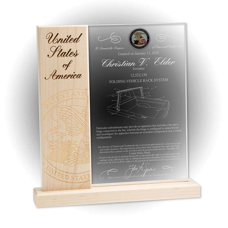 Clarion Series maple patent plaque with silver USPTO seal disc and acrylic panel
