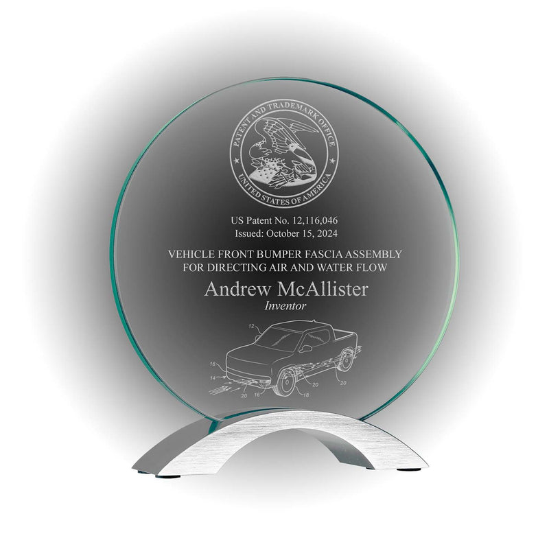 Cosmic round glass standup patent and inventor award with satin aluminum base, engraved with USPTO seal and patent illustration