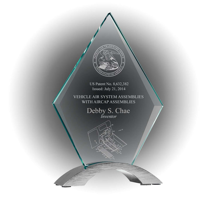 Faceted cosmic glass standup patent and inventor award with satin aluminum base, engraved with USPTO seal and patent drawing