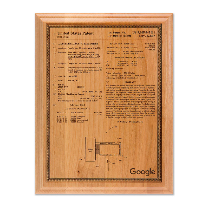 Foundry Series cherry patent plaque with United States patent laser engraved directly into solid wood, wall-mounted display