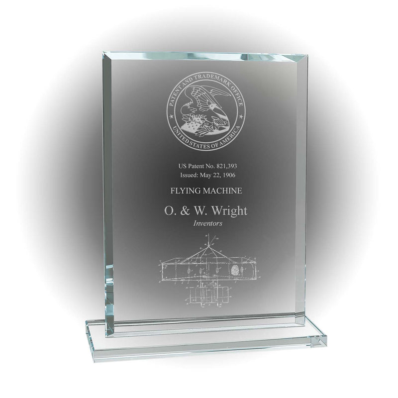 Freestanding optical glass patent and inventor award with engraved USPTO seal and patent illustration