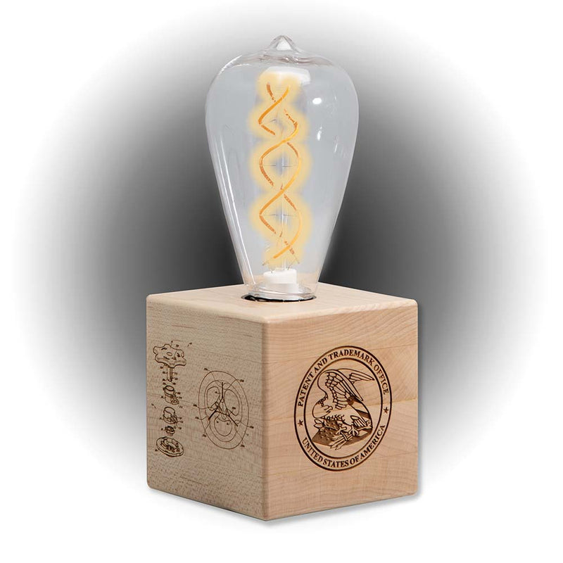 Illumination Series maple lighted inventor cube with laser engraved USPTO seal and illuminated bulb, desktop display