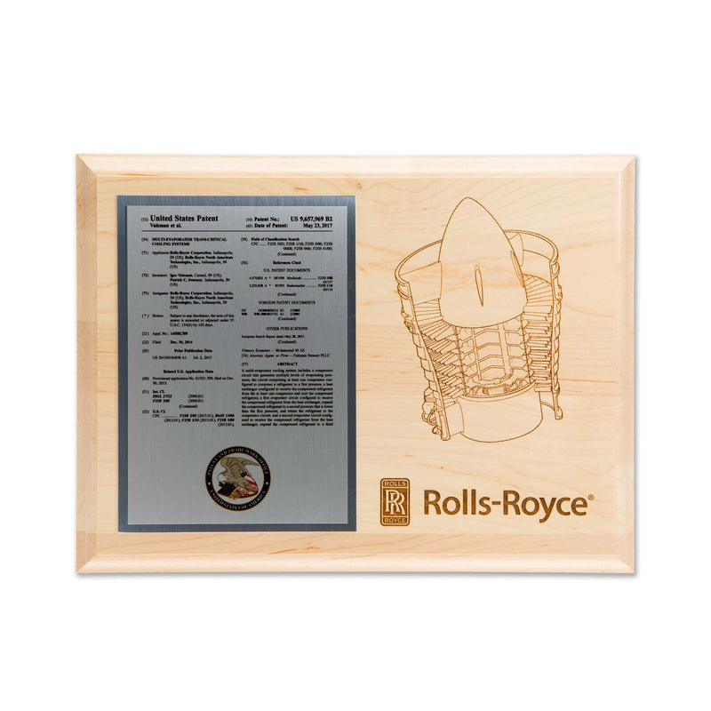 Imperial Series solid maple patent plaque featuring engraved patent artwork and mounted United States patent document, wall-mounted display
