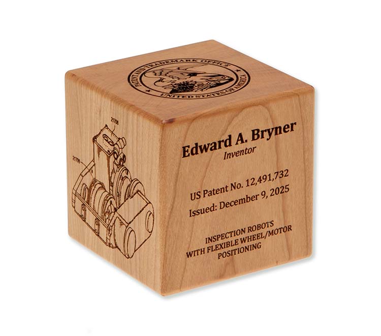 Cherry inventor cube with laser engraved USPTO seal, desktop display