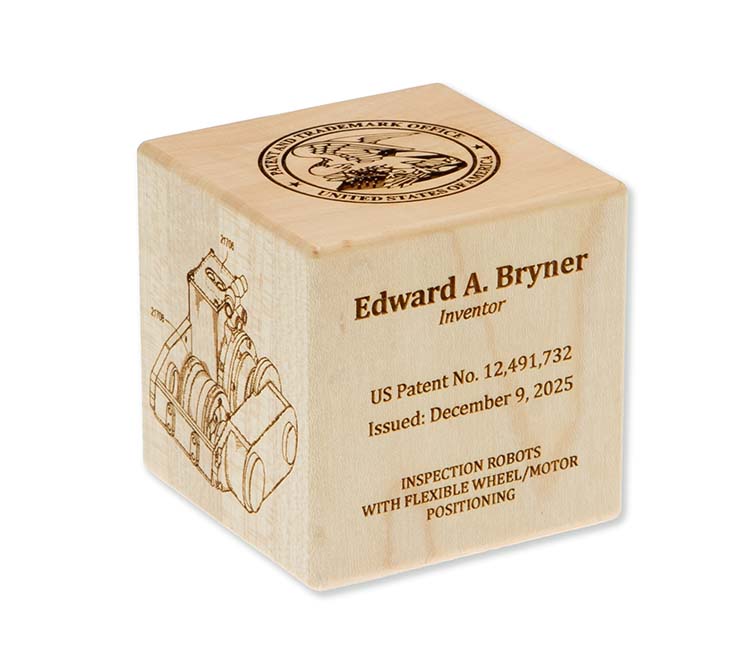 Maple inventor cube with laser engraved USPTO seal, desktop display