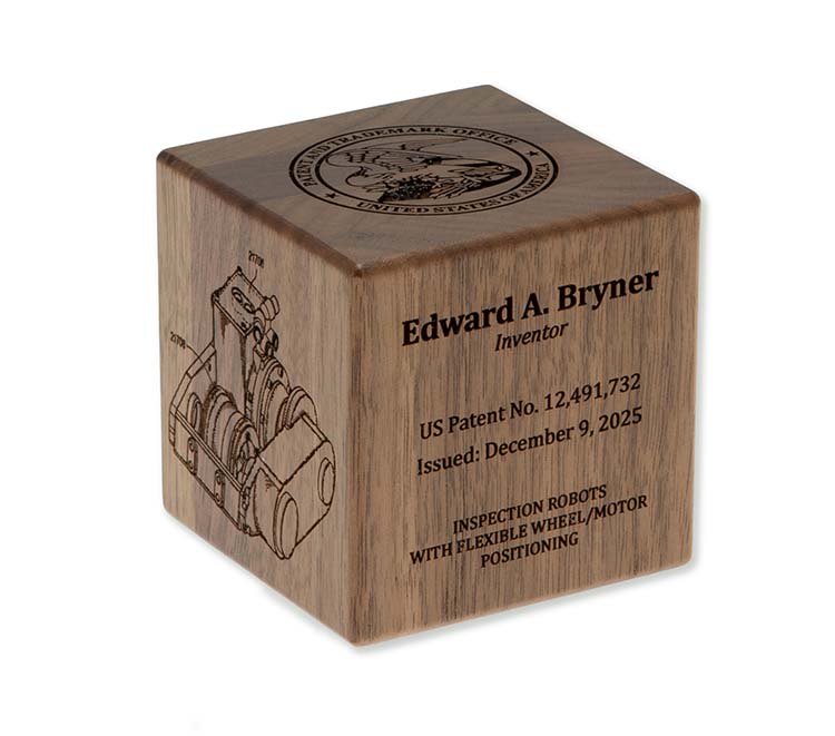 Walnut inventor cube with laser engraved USPTO seal, desktop display
