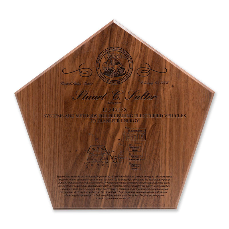 Walnut pentagon patent recognition plaque with engraved USPTO seal and patent details