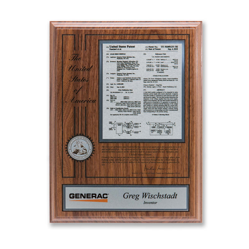 Patriot Series walnut patent plaque featuring a mounted United States patent, engraved patriotic typography, and inventor nameplate, wall-mounted display
