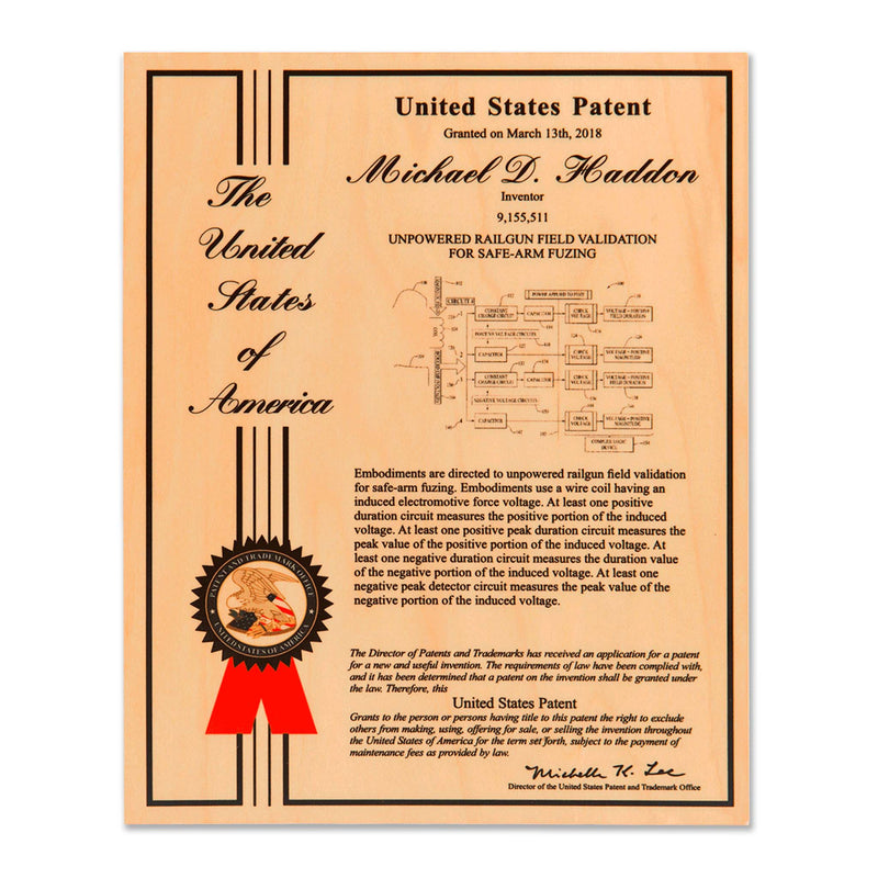 Front view of Tributary Series solid wood patent plaque featuring a vintage-style United States patent design